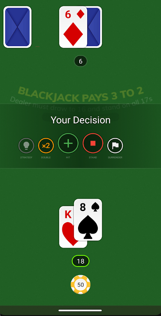 Game screen: deciding whether to hit or stand on 18