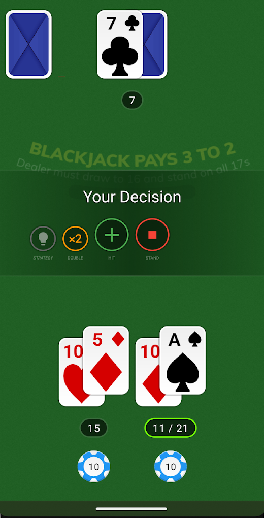 Game screen: playing a split hand against the dealer