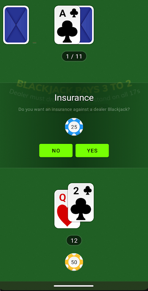 Game screen: insurance decision against a dealer blackjack